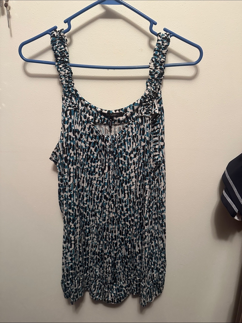 Daisy Fuentes Teal Black and White Printed Smocked-Strap Tank